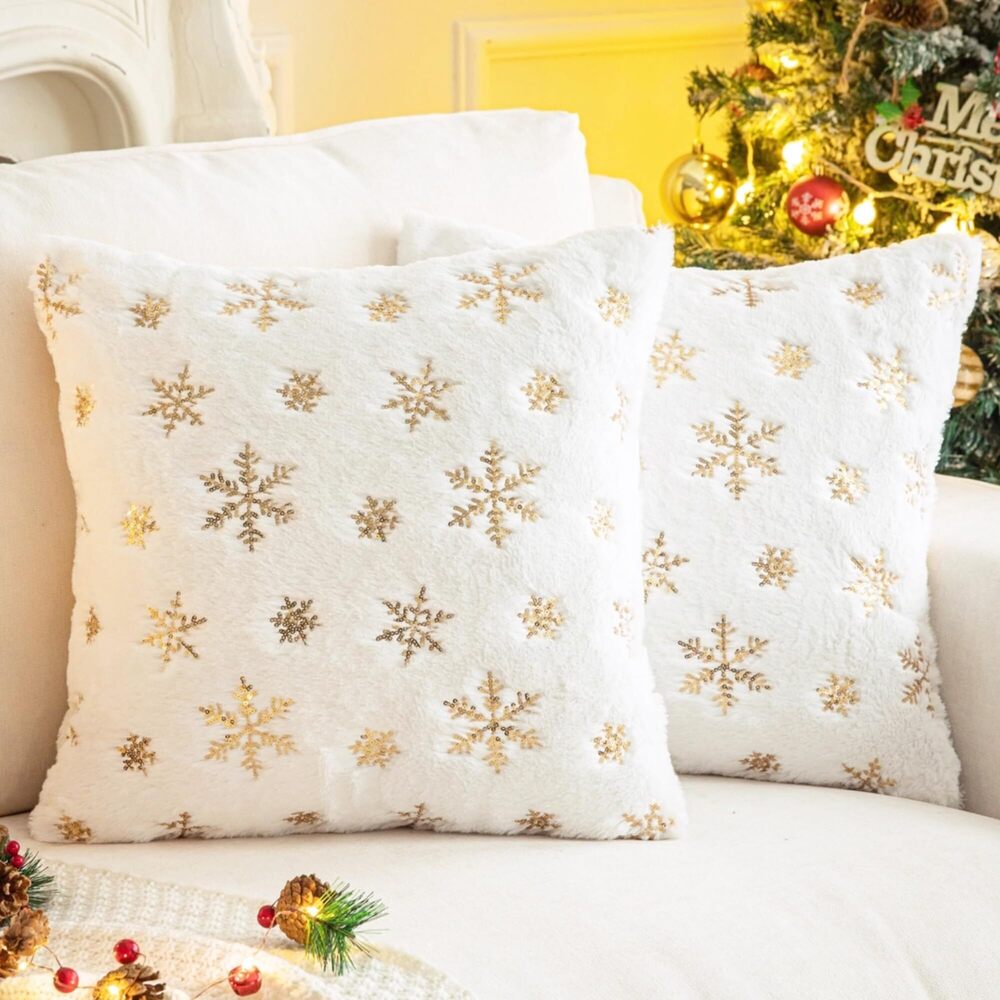9049 Pack of 2 Faux Fur Fuzzy Christmas Decorative Throw Pillows Covers